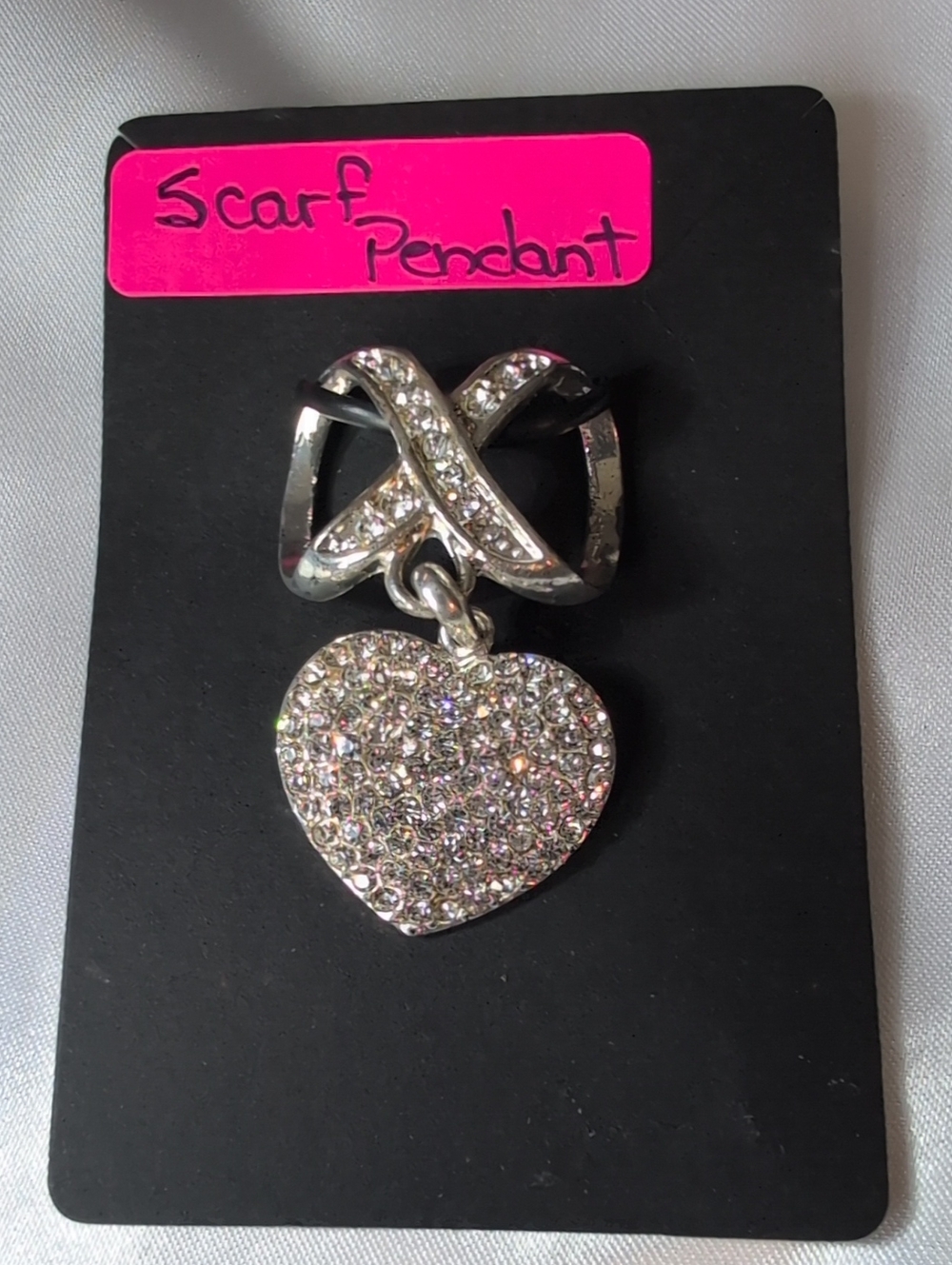 Vintage Silver Pavé Rhinestone X Motif Heart Dangle Scarf Slide Pendant Clip